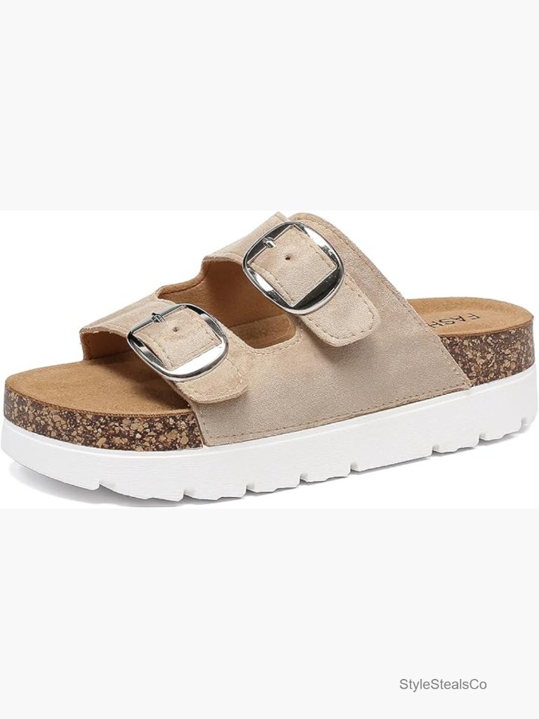 Platform Slide Sandals With Cork Footbed, Memory Foam Insole, Adjustable Buckle